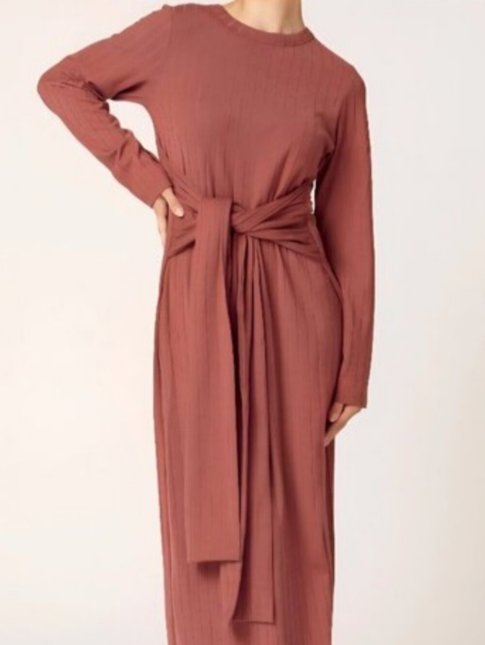 Veiled Long-Sleeve Maxi Dress with Front Tie in Dusty Rose